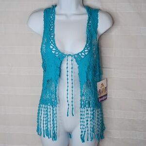 NWT Room Mates Crochet Teal Blue Boho Vest Tassels‎ Size Medium 100% Cotton